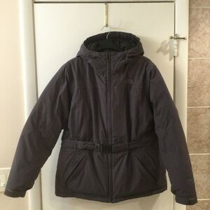 The North Face HyVent Goose Down  Hooded Parka Puffer Coat Belted W-s XL Gray